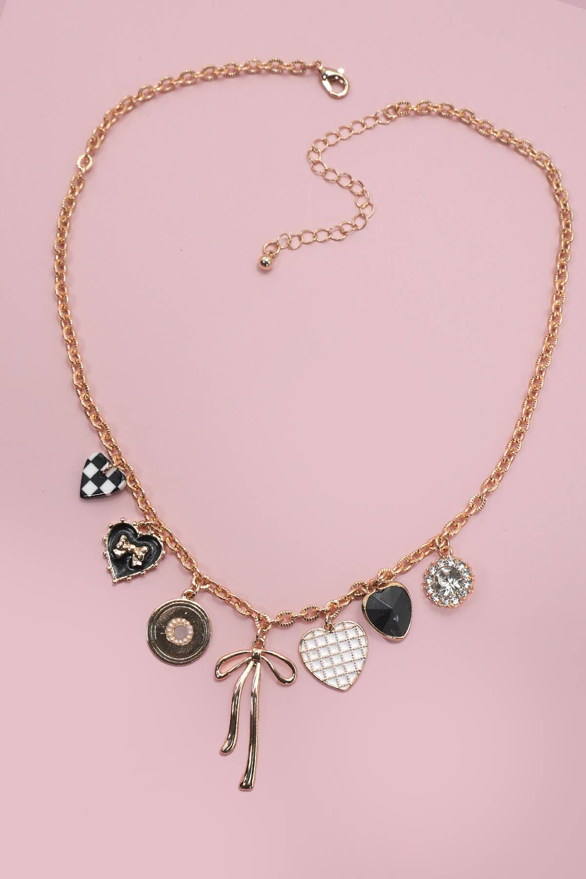 CHARM NECKLACE-BOW CHECKER HEART RHINESTONE | 80N91422: Gold