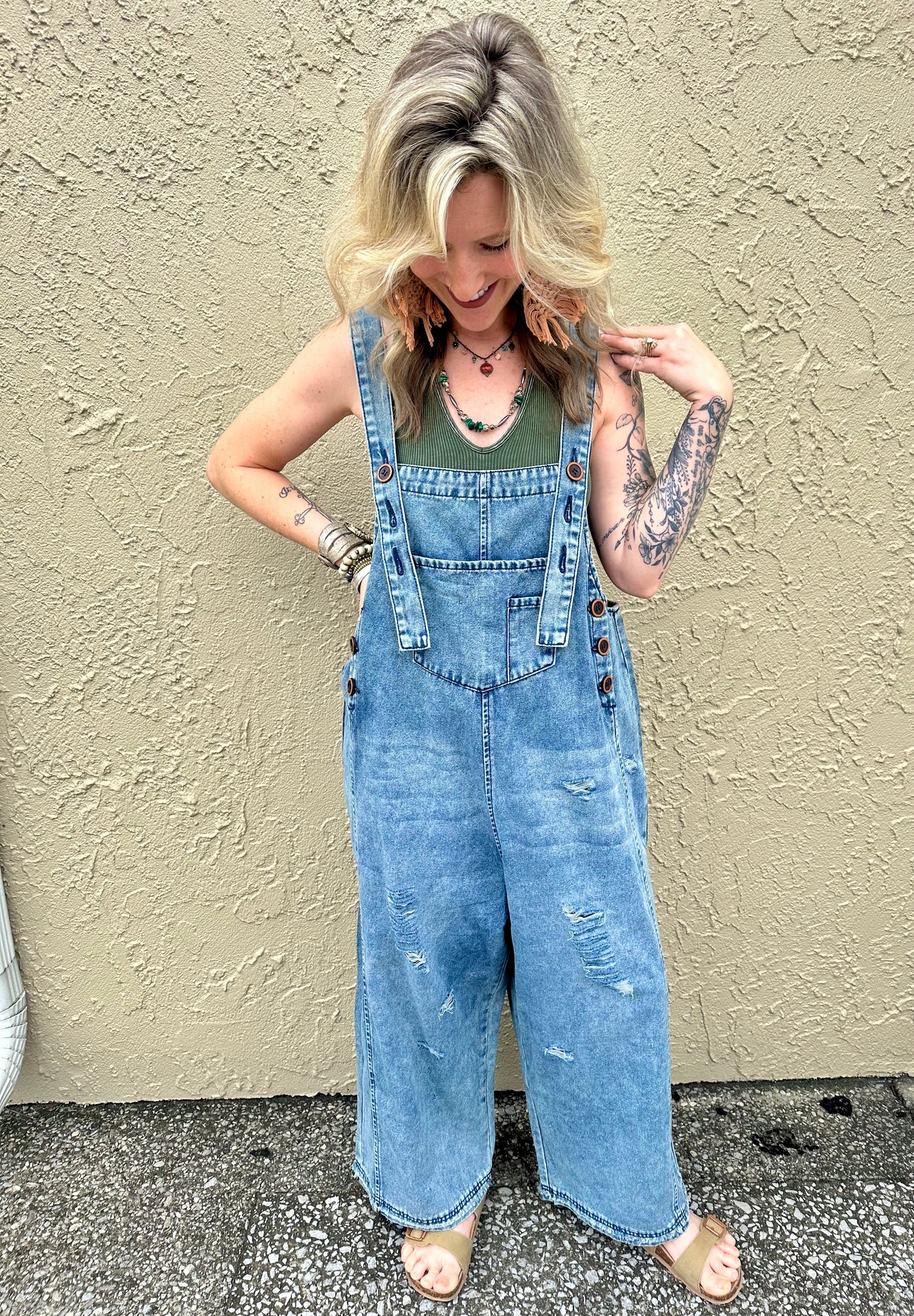 Washed Denim Loose Overalls