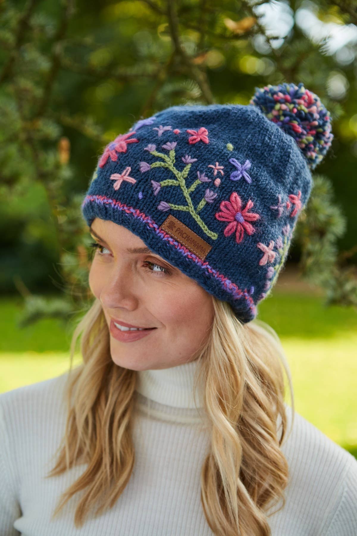 Hampton Court - Embroidered Flowers Knitted Wool Bobble Hat