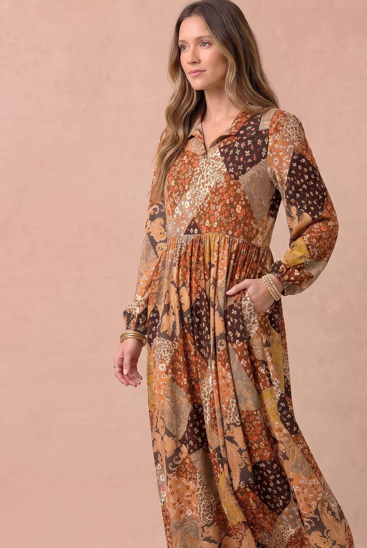 Floral and Geometric Patchwork Maxi Dress: RUST / L