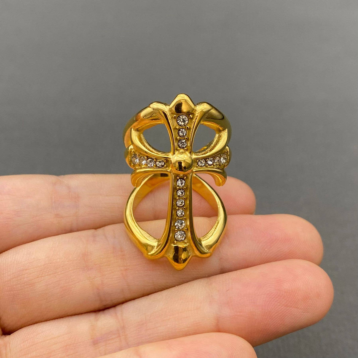CZ Inlaid Cross 18K Gold Plated Stainless Steel Ring - FGS: 8