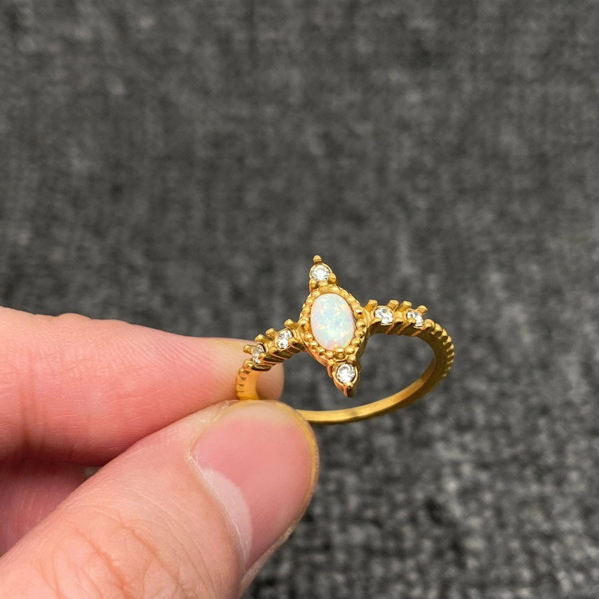 Inlaid CZ & Opal 18K Gold Plated Stainless Steel Ring-FGS/CS: 7