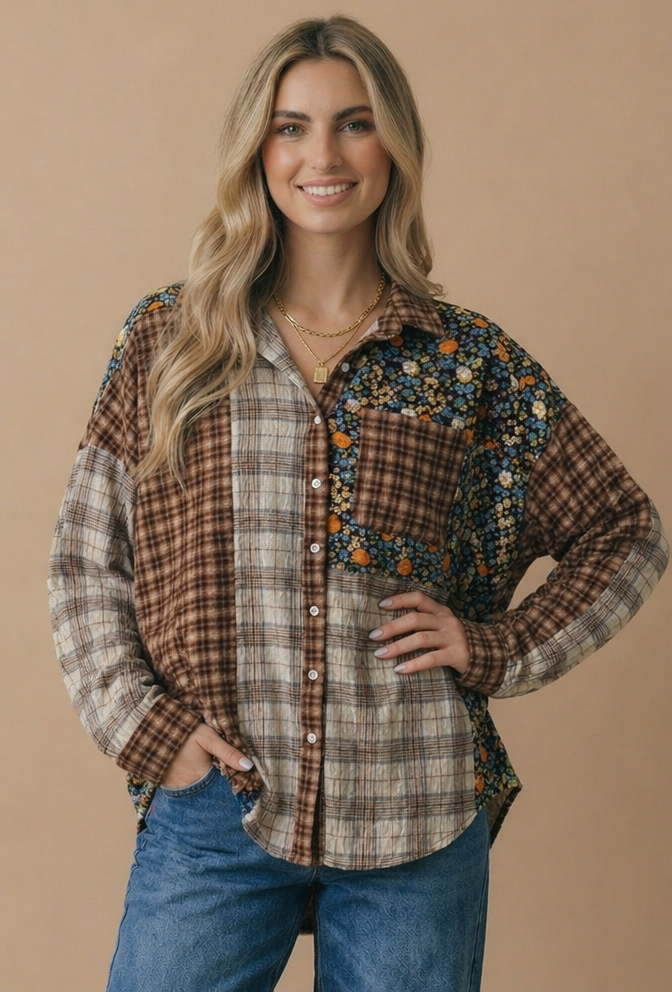 Button Down Color Block Oversized Top