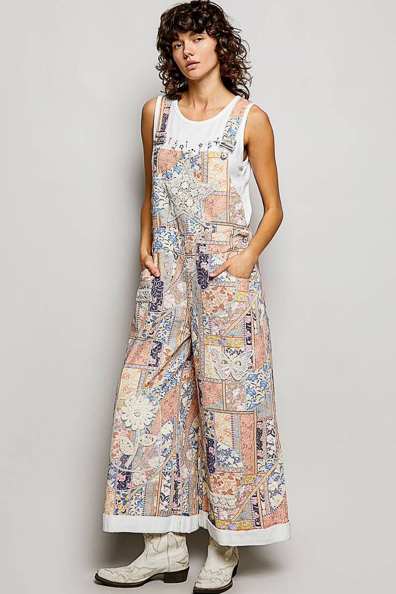 Floral Crochet Pearl Patch Roomy Fit Twill Overalls: FLORAL MULTI / M