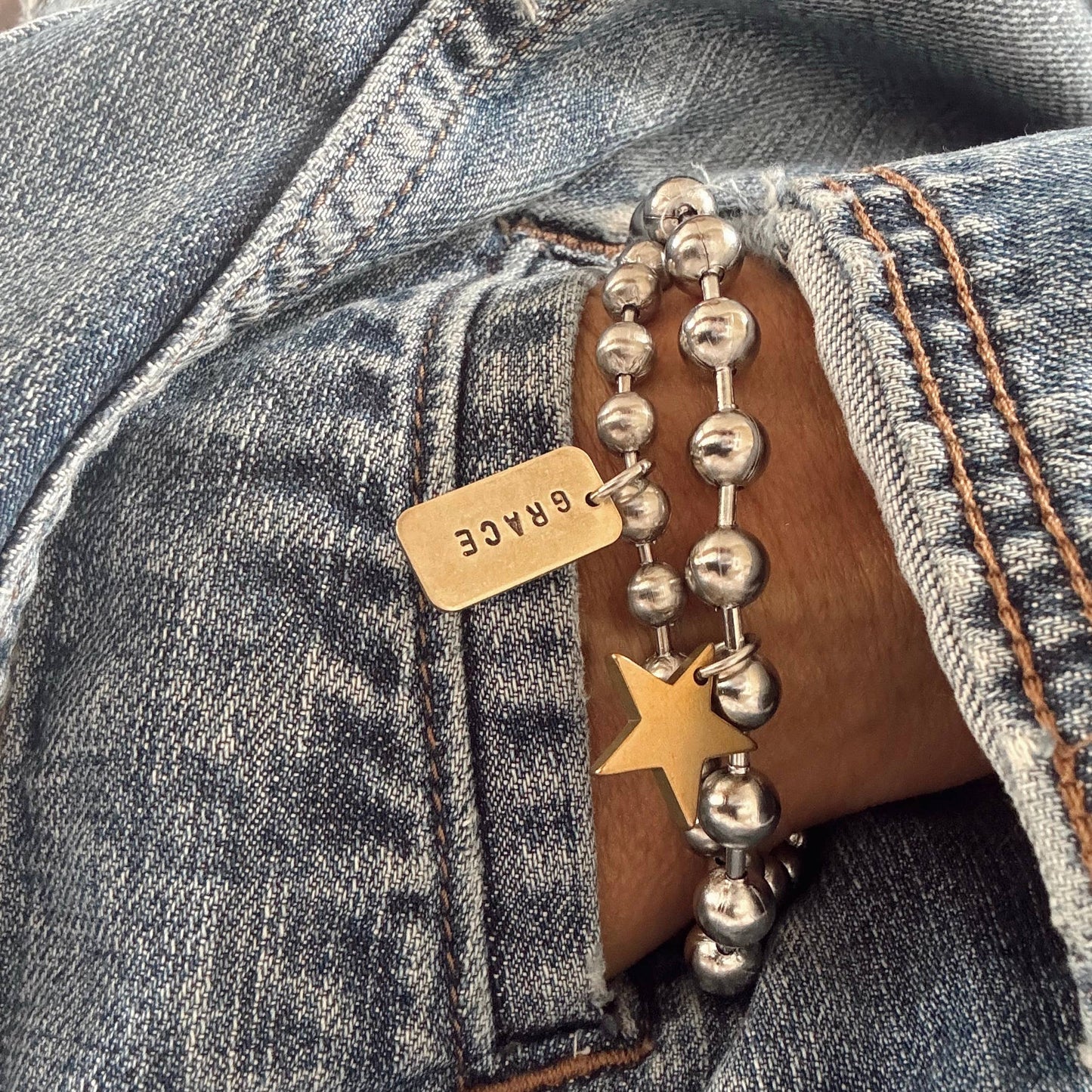 Hand Stamped GRACE Rectangle Bracelet : 7"