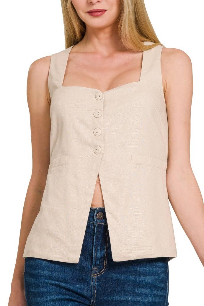Linen Tie-back 4-button Vest With Lining