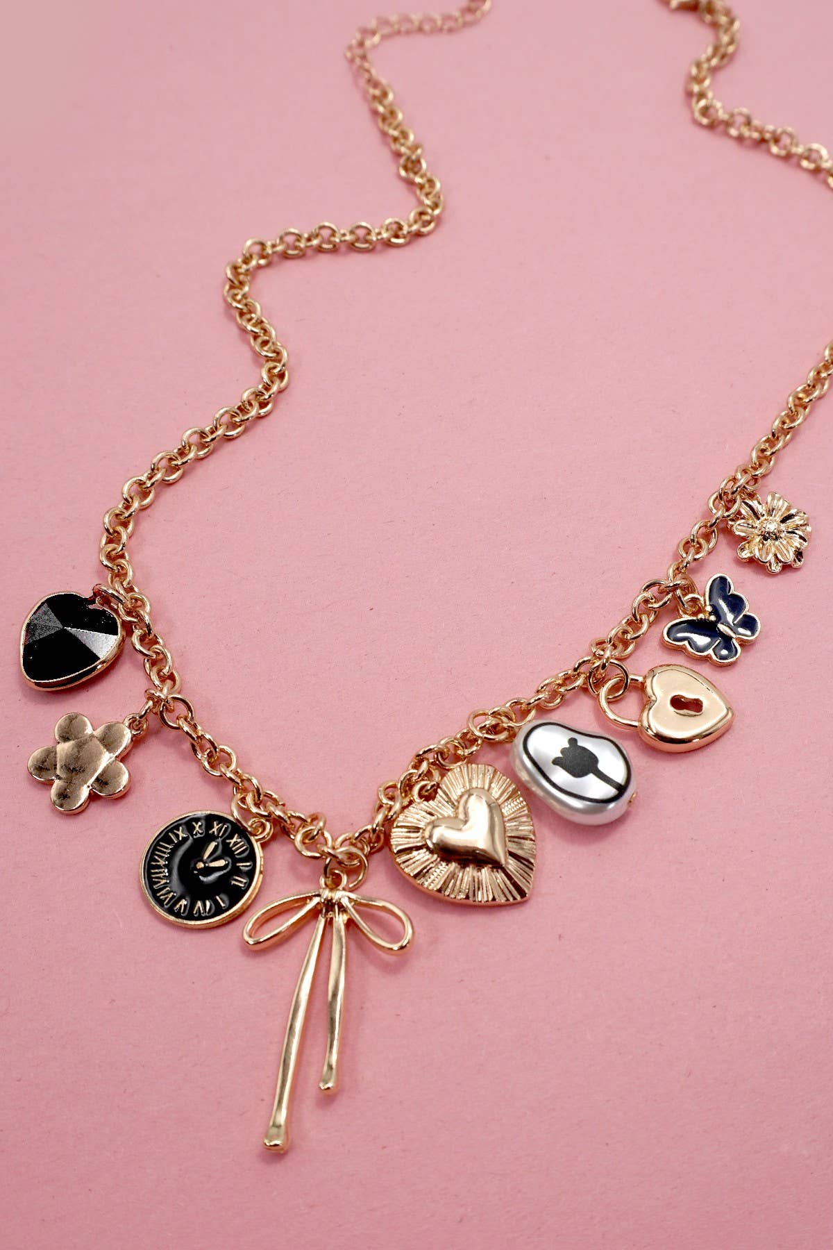 CHARM NECKLACE-HEART CLOCK BOW LOCK CHARMS | 80N91815: GOLD