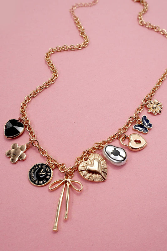 CHARM NECKLACE-HEART CLOCK BOW LOCK CHARMS | 80N91815: GOLD