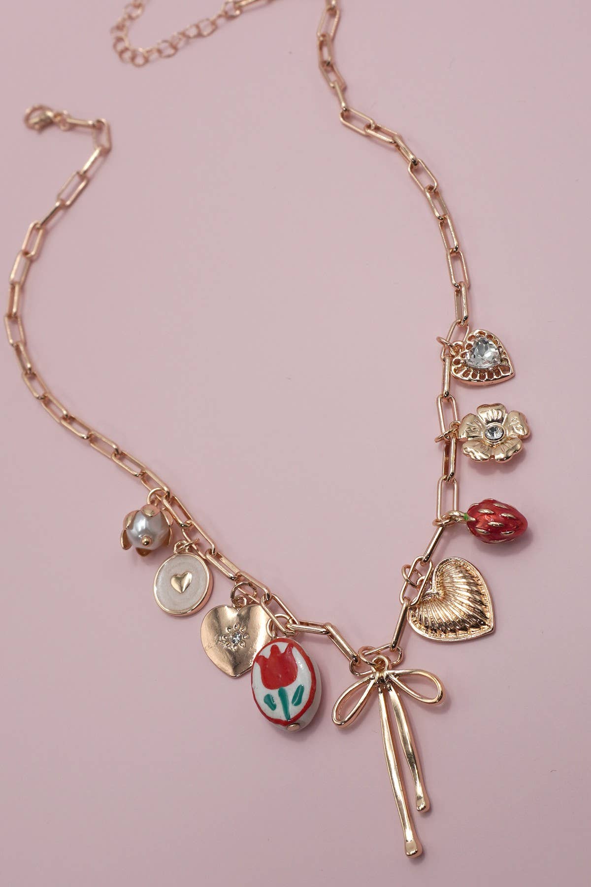CHARM NECKLACE-BOW TOILE FLORAL HEART RHINESTONE | 80N91645: GOLD