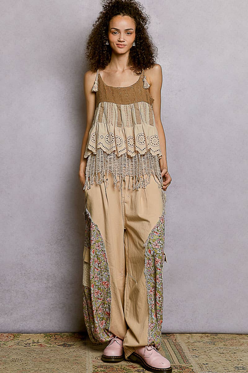 Square Neck Sleeveless Crochet Patch Plaid Eyelet Cotton Top