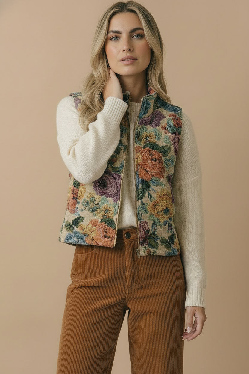 High Neck Floral Jacquard Zip Up Vest: TAUPE/RUST / M