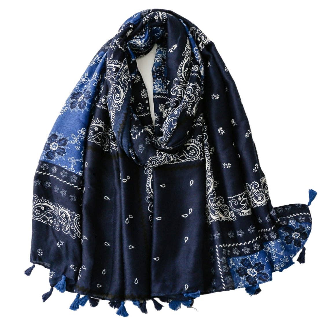 Scarvii - Paisley Pattern Fringed Scarf: Blue