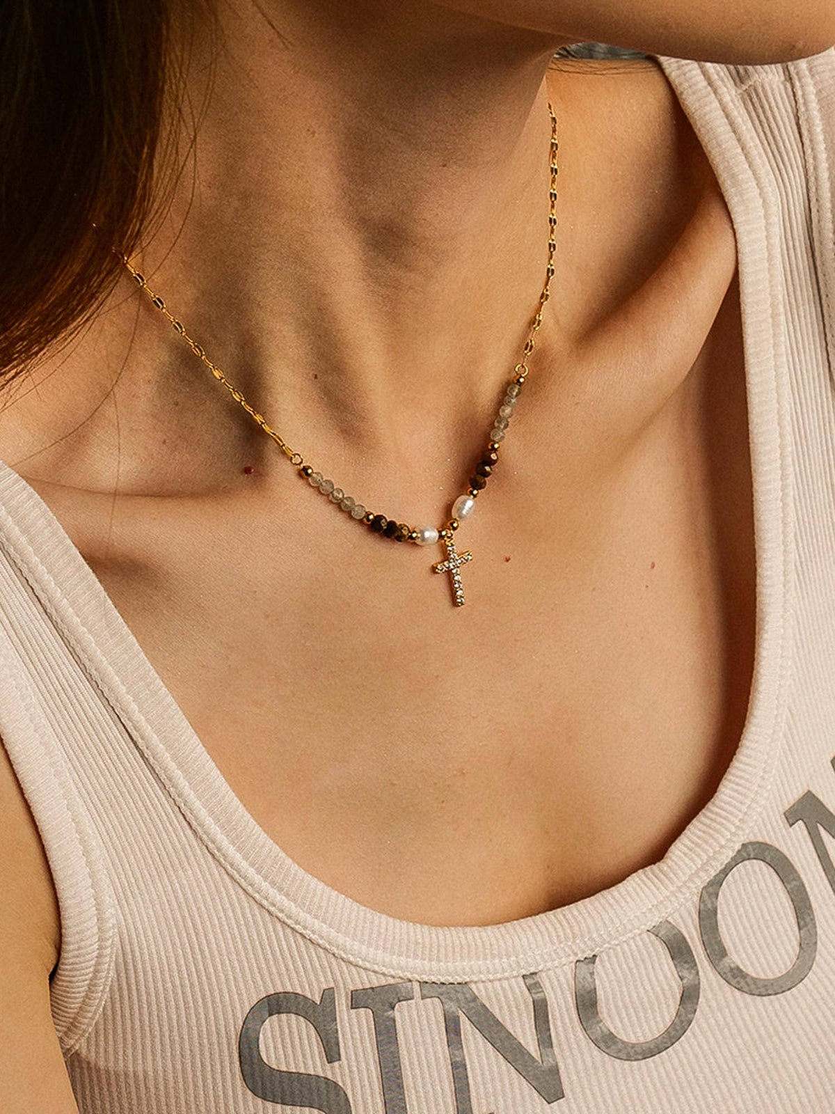 Lumiere 18K Gold Cross Necklace with Beads and Pearls: Yellow Gold