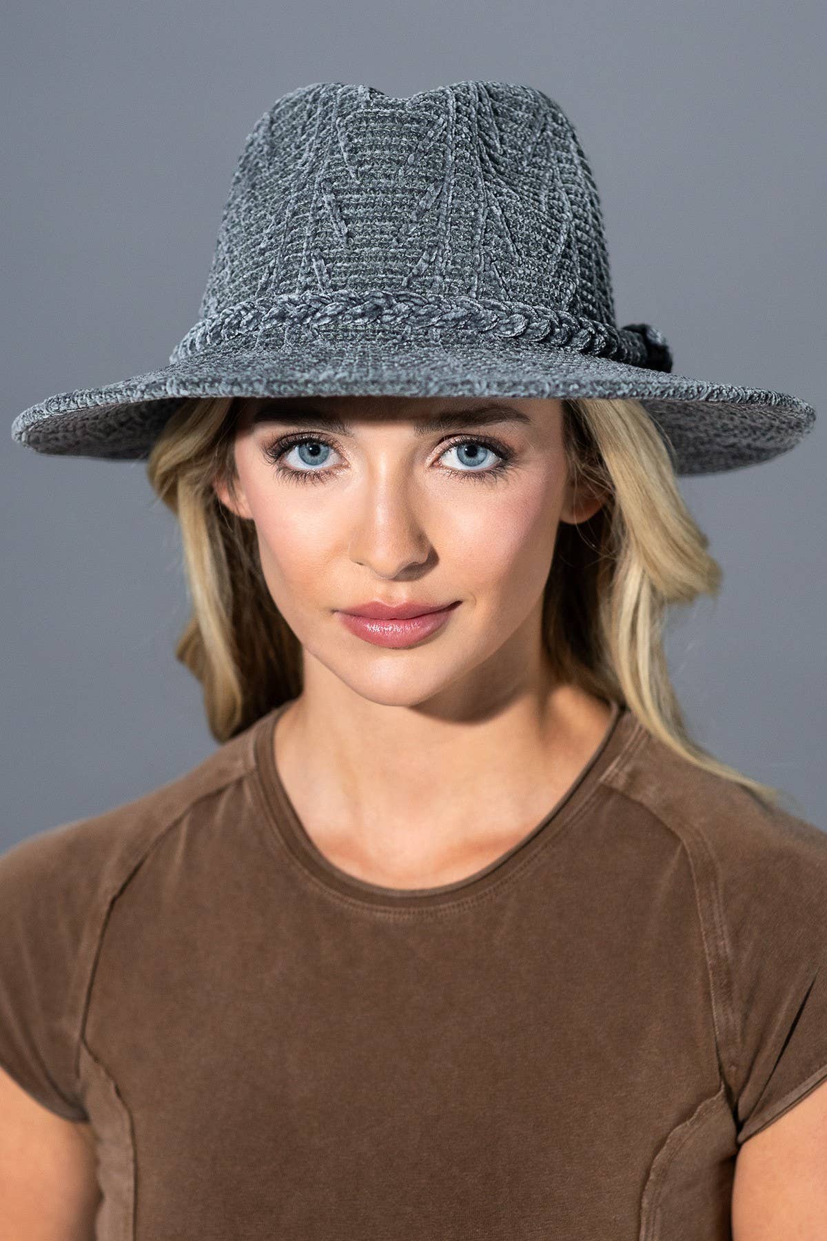Chenille Pattern Fedora With Breaded Band : DENIM(DM)