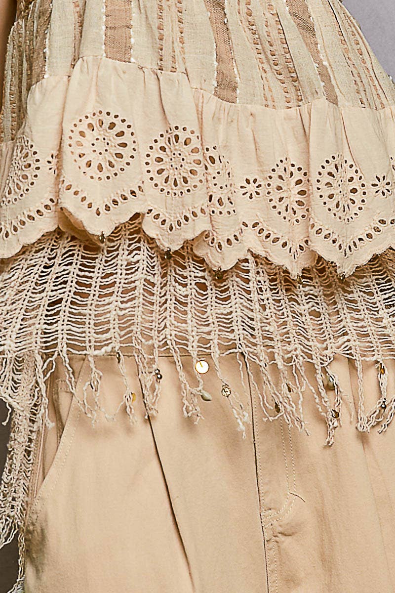 Square Neck Sleeveless Crochet Patch Plaid Eyelet Cotton Top