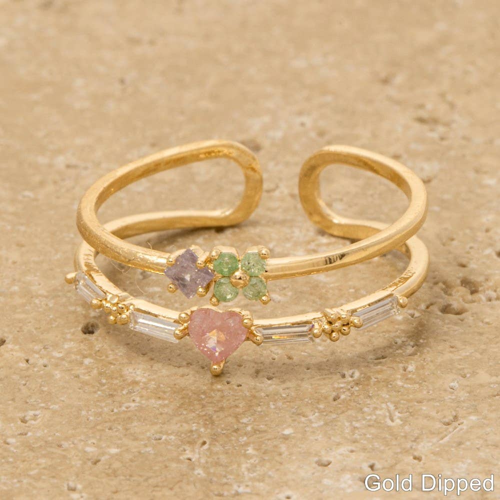 Gold Dipped Cz Heart And Flower Ring: G