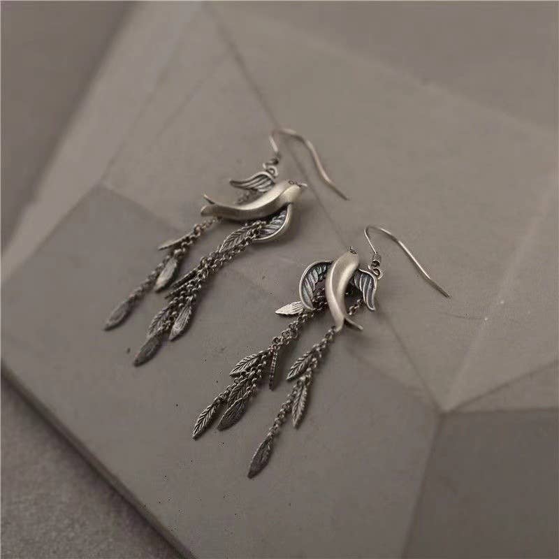 Willow Leaf Swallow Tassel Long Earrings: Silver