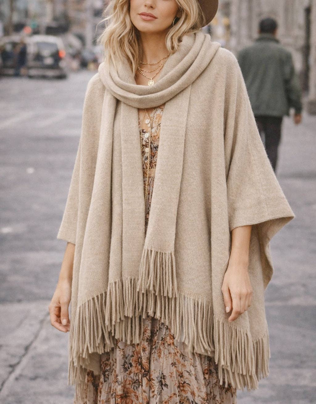 JC088001 Cozy Fringe Knit Poncho with Built-In Scarf: Burgundy