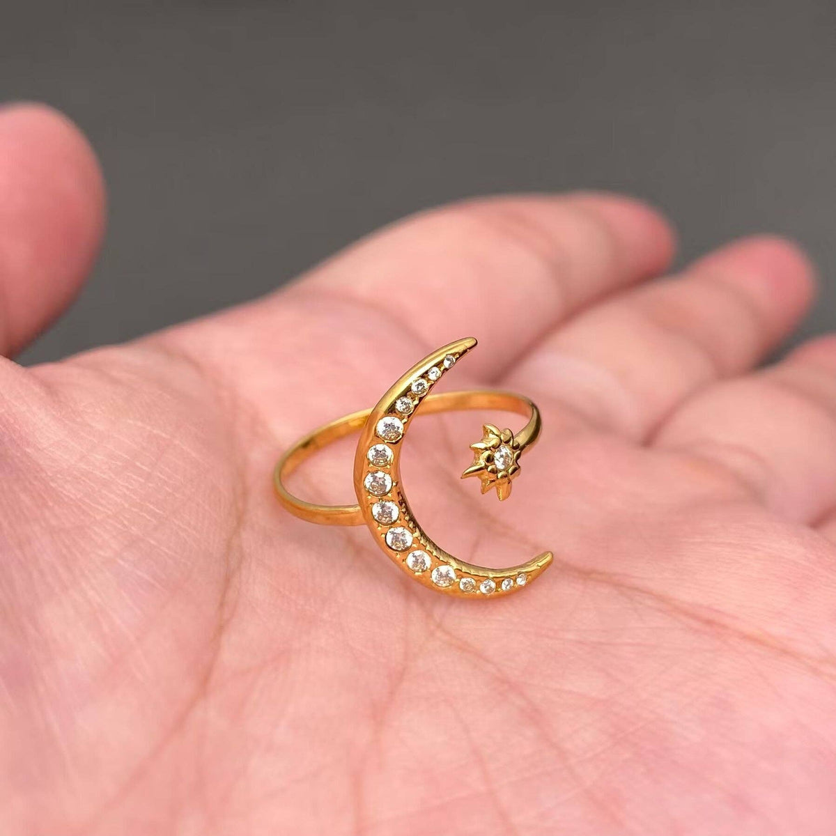 Inlaid CZ 18K Gold Plated SS Star Moon Adjustable Ring -FGS/MS