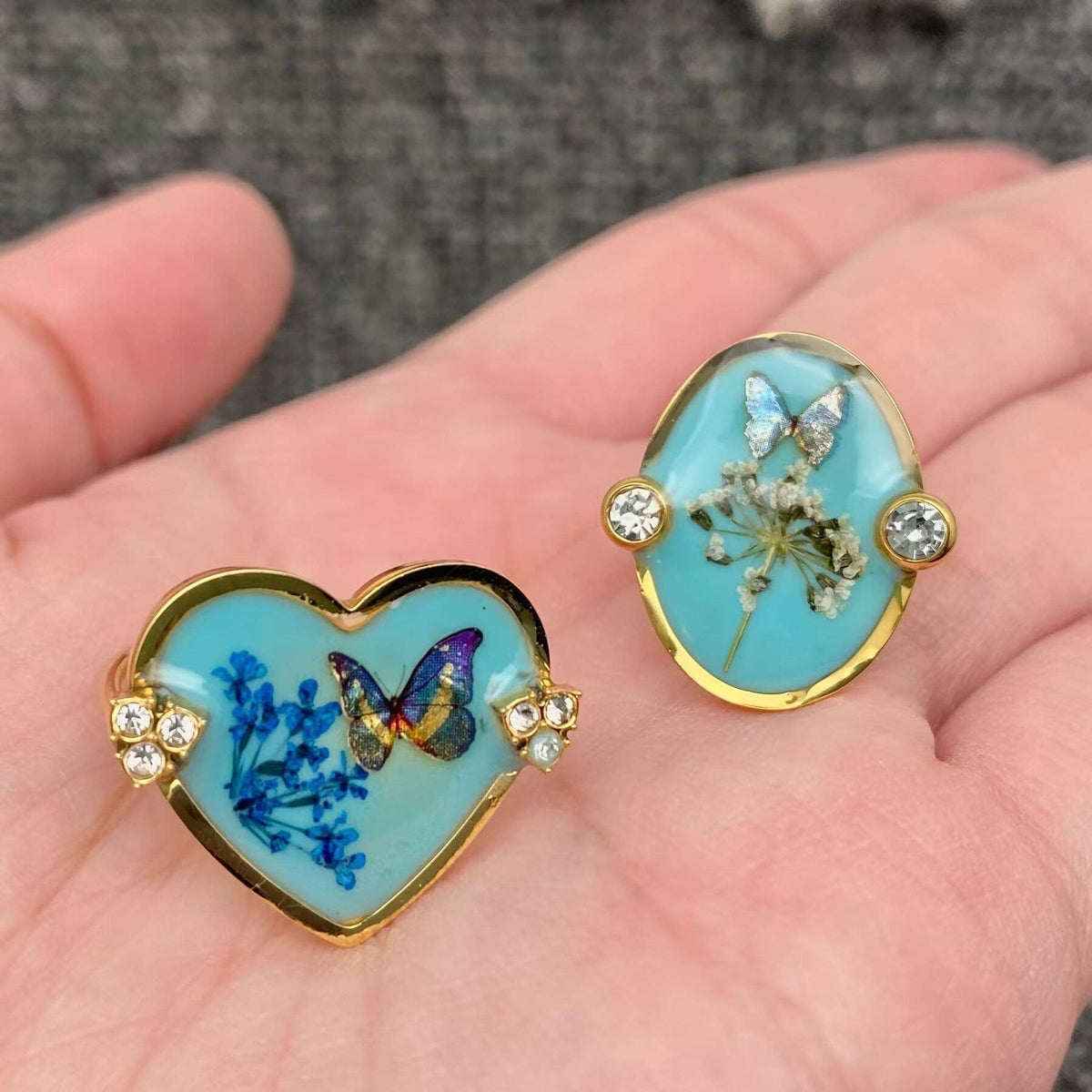 Blue Butterfly Dried Flower 18K Golden SS Ring - FGS/PDF: Style - B