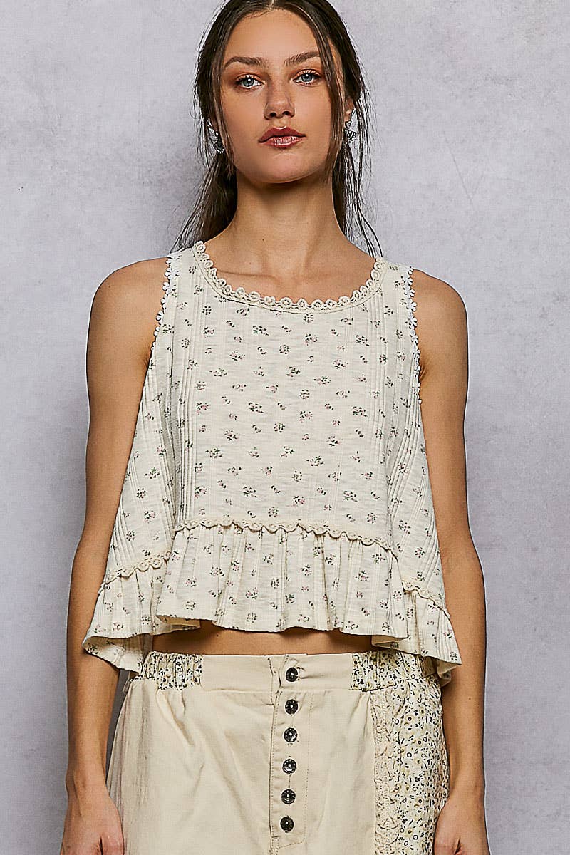 Round Neck Ruffle Hem Trim Detail Floral  S