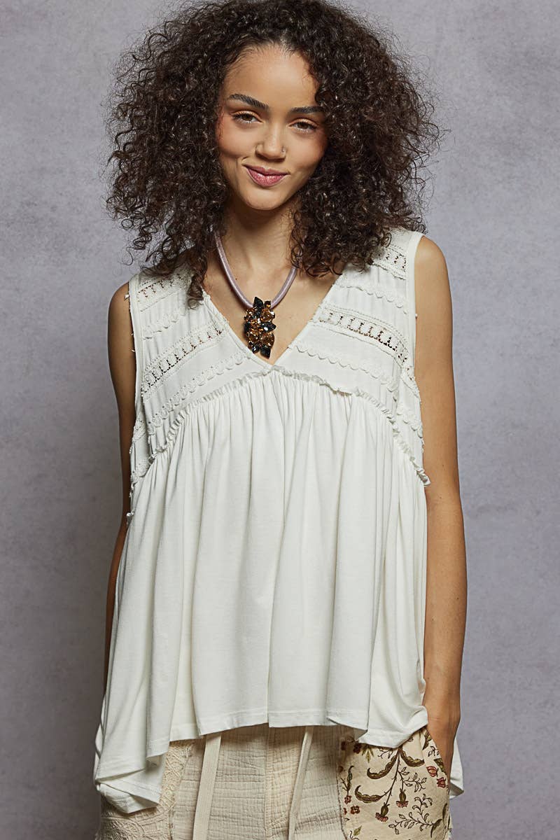 Sleeveless Loose Fit V-Neck Babydoll Casual Knit Top SALE: IVORY / M