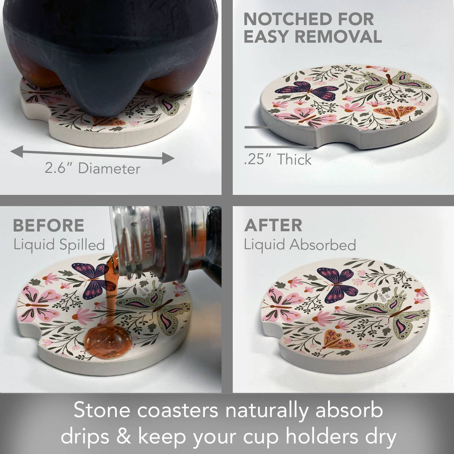 "Flutter Blooms" Absorbent Stone Car Coaster