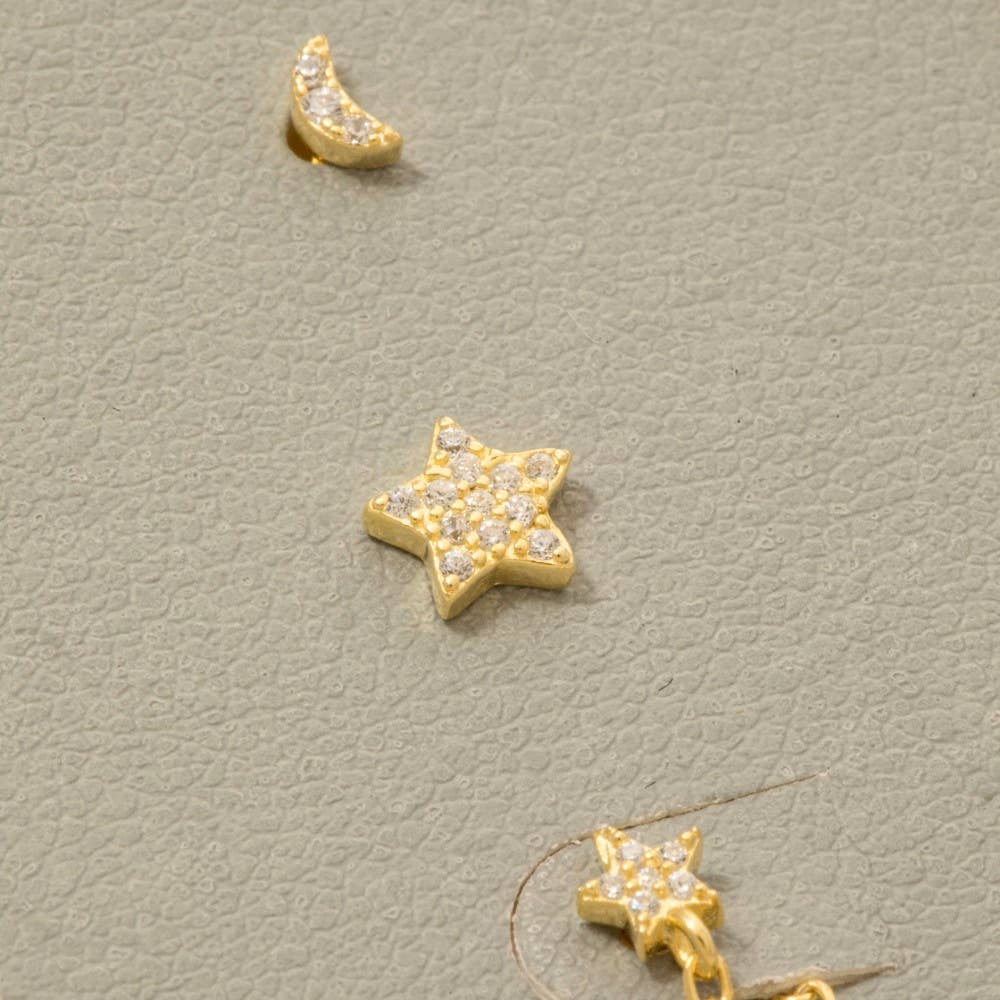 Sterling Silver Cz Stars And Moon Stud Earrings Set: GZ