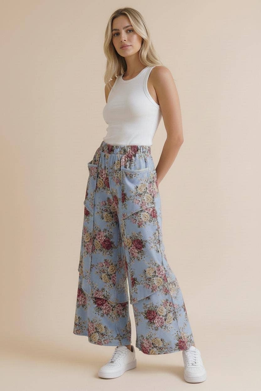 Elastic Waist Wide Leg Vintage Floral Pant: Oatmeal / L