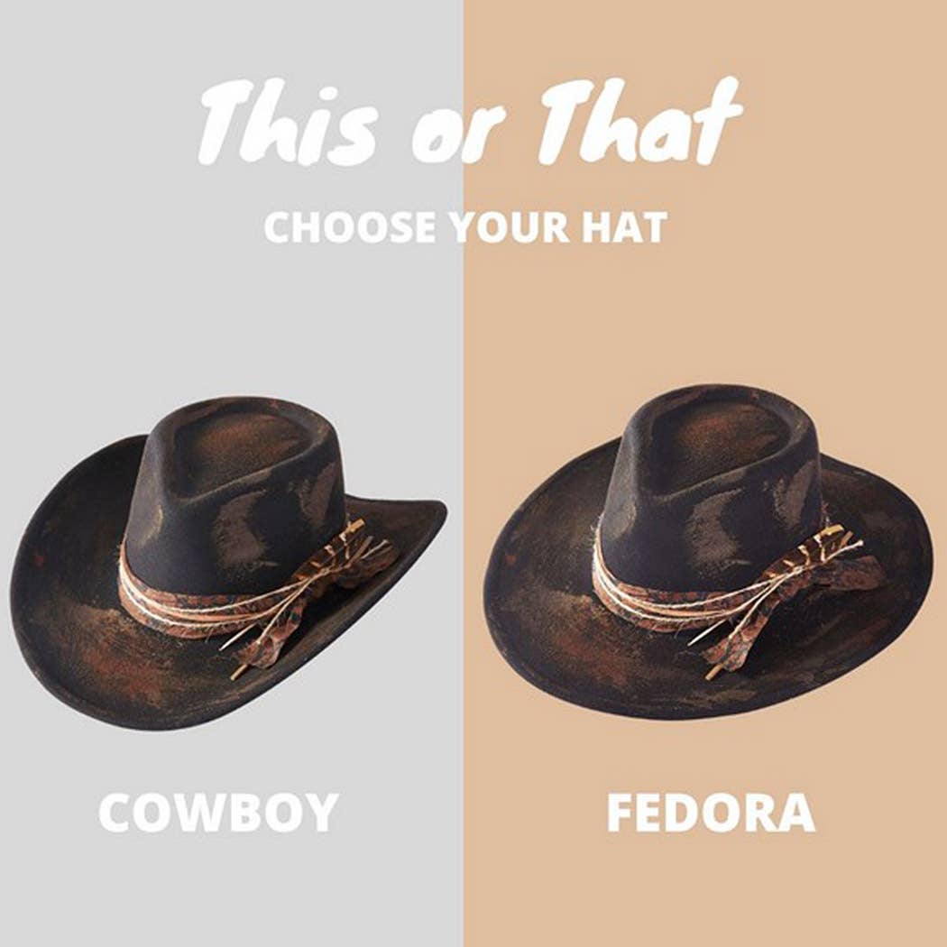 Vintage Versatile Shapeable Cowgirl & Fedora Hat With Feath: BK