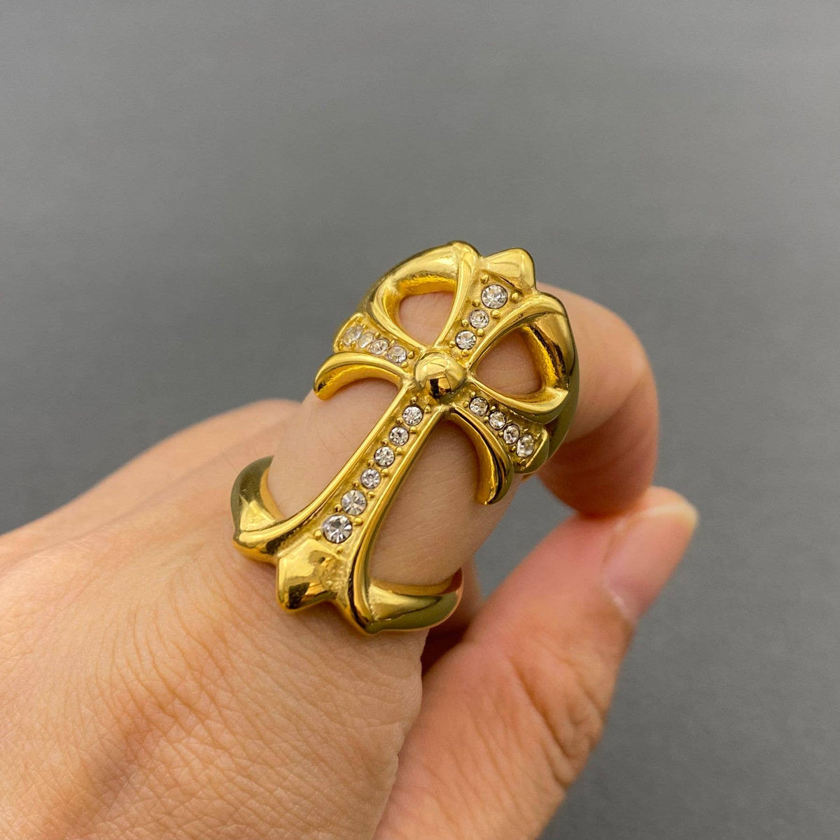 CZ Inlaid Cross 18K Gold Plated Stainless Steel Ring - FGS: 8