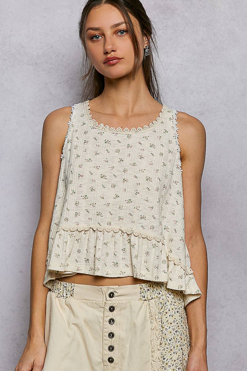Round Neck Ruffle Hem Trim Detail Floral  L