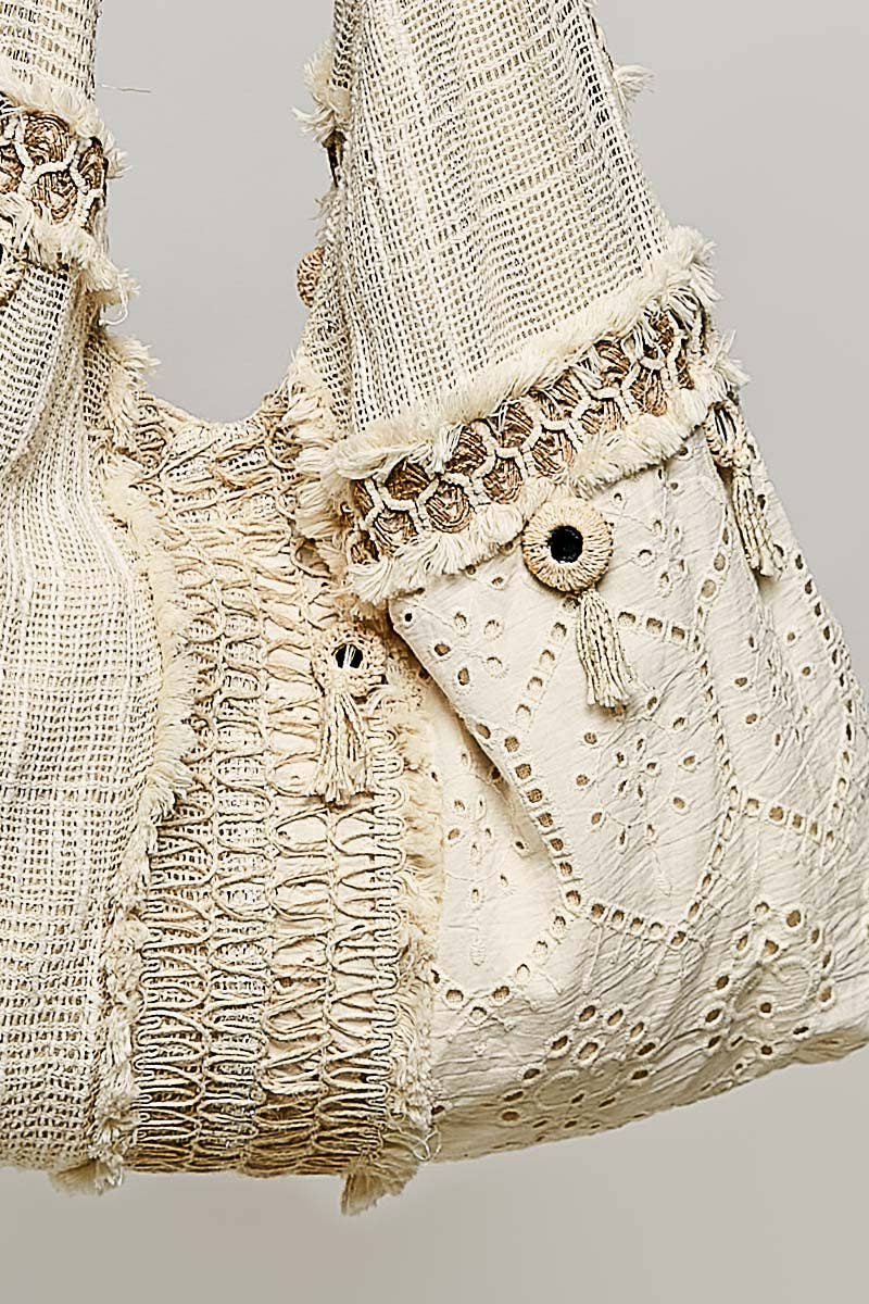 Mirror Dangle Tassel Lace Patched Hobo Bag: NATURAL MULTI / OS