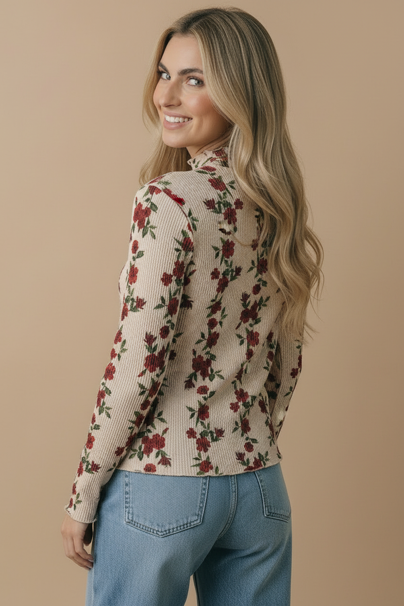 Mock Neck Floral Merrow Hem Rib Knit Top: TAUPE / L