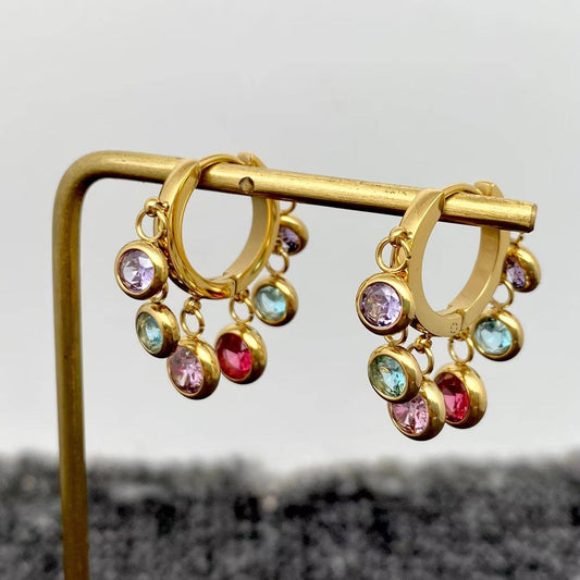 Round CZ Fringe 18K Gold Plated S.Steel Huggie Earrings -FGS