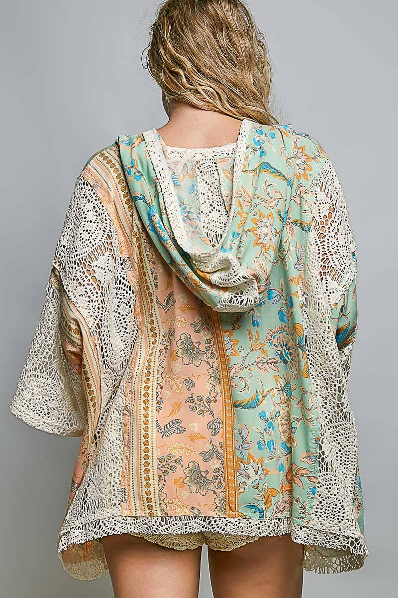 Boho Floral Crochet Patch stitch detail Hoodie Top