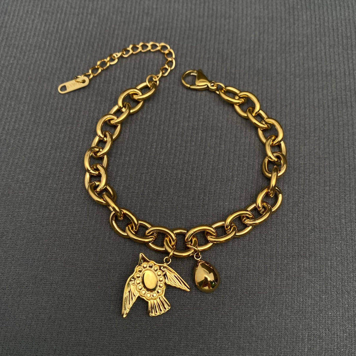 Stone & Zrcon Inlaid Bird Charm 18K Golden SS Bracelet - FGS