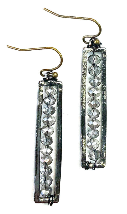 ER-Thin Beaded Rectangle Dangle Earrings in Grey
