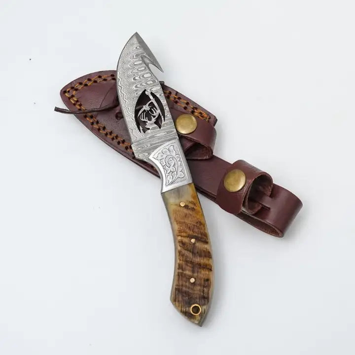 Wire-Cut Damascus Guthook Knife with Ram Horn Handle