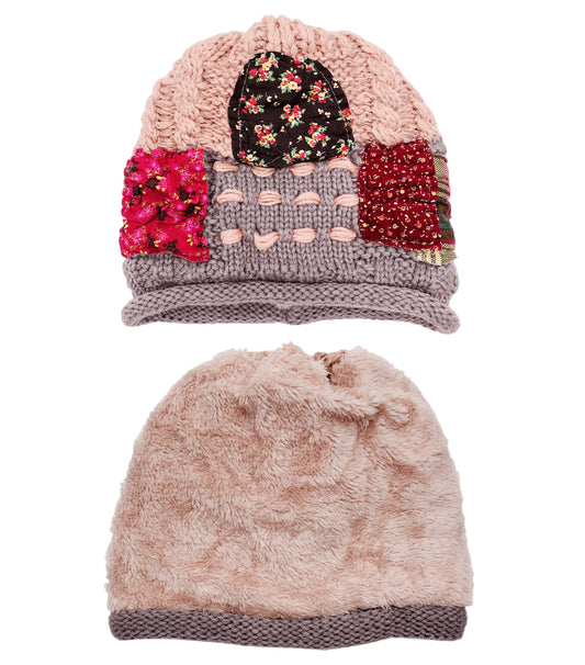 Reversible Handcrafted Patchwork Knit Hat with Plush Lining: Pink