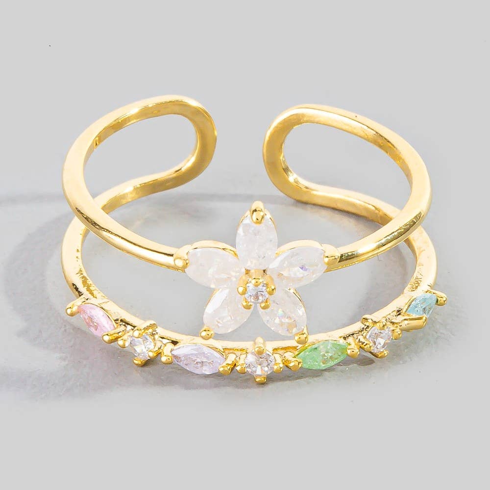 Gold Dipped Cz Flower Studded Two Row Ring: G