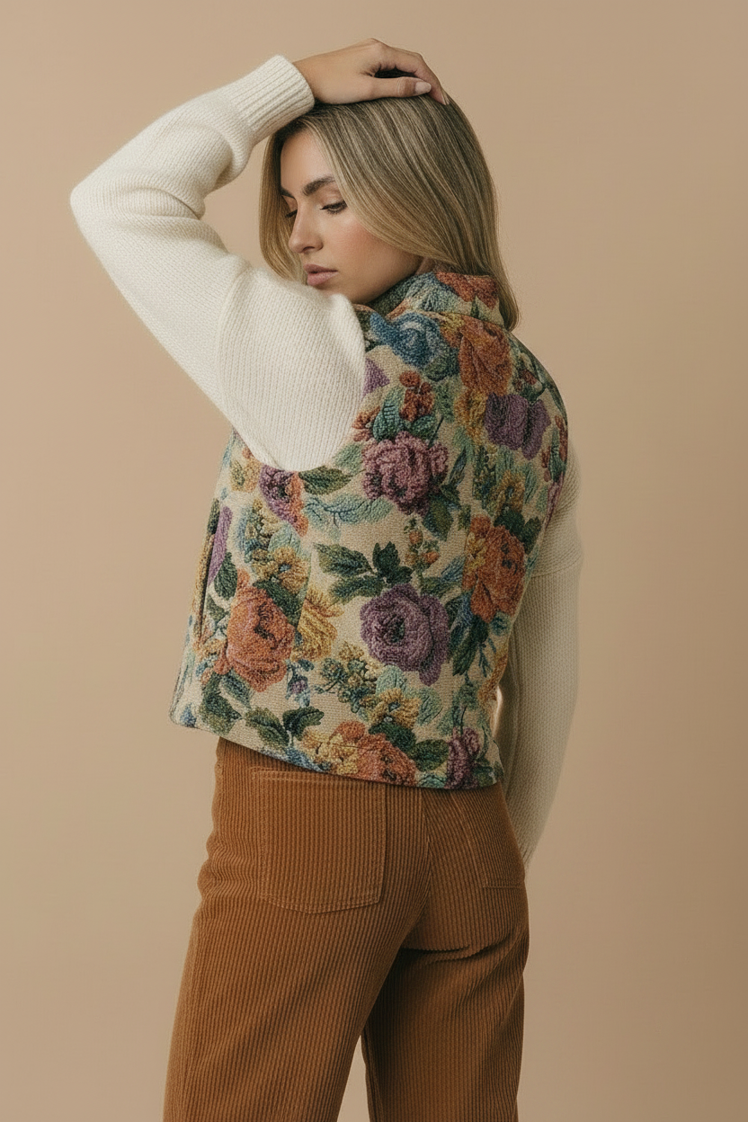 High Neck Floral Jacquard Zip Up Vest: TAUPE/RUST / S