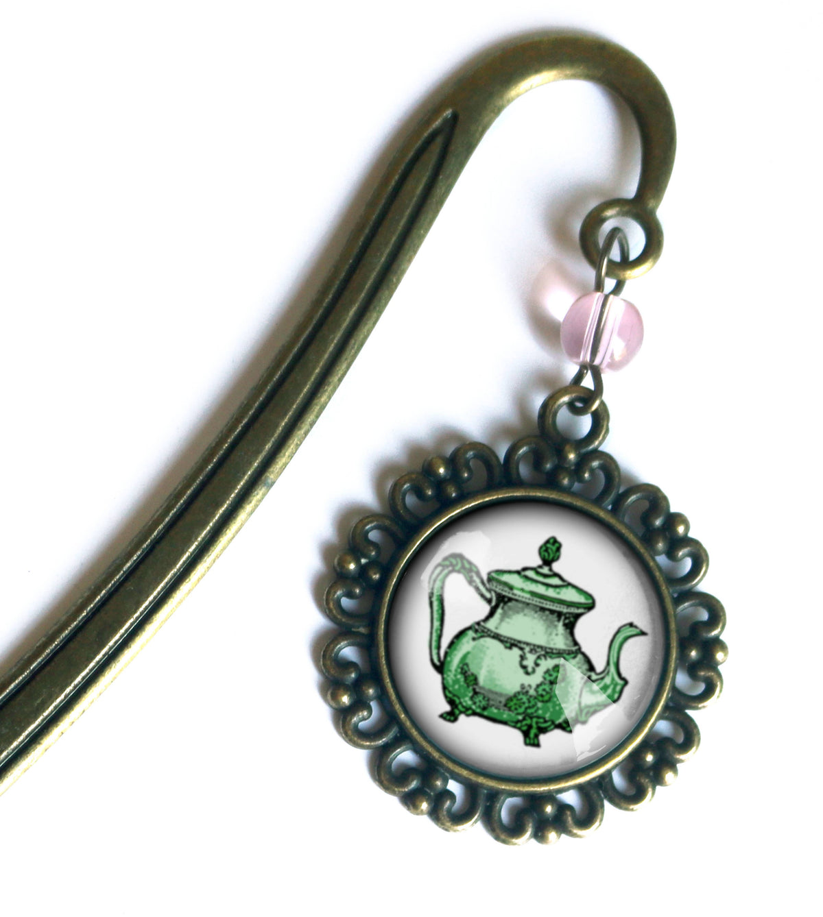 Pastel Teapot Steampunk Victorian Bronze and Glass Bookmark