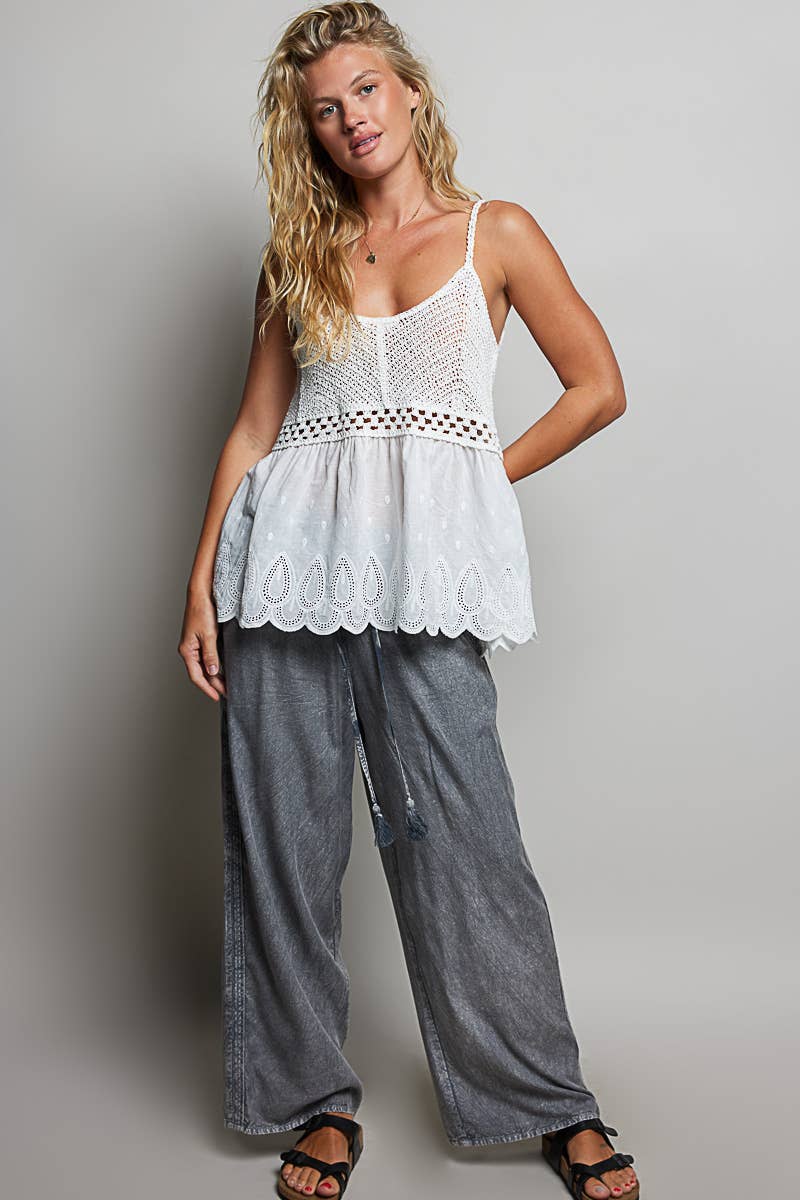 Round Neck Sleeveless Eyelet Ruffle Embroidered Crochet Top: NATURAL / Os
