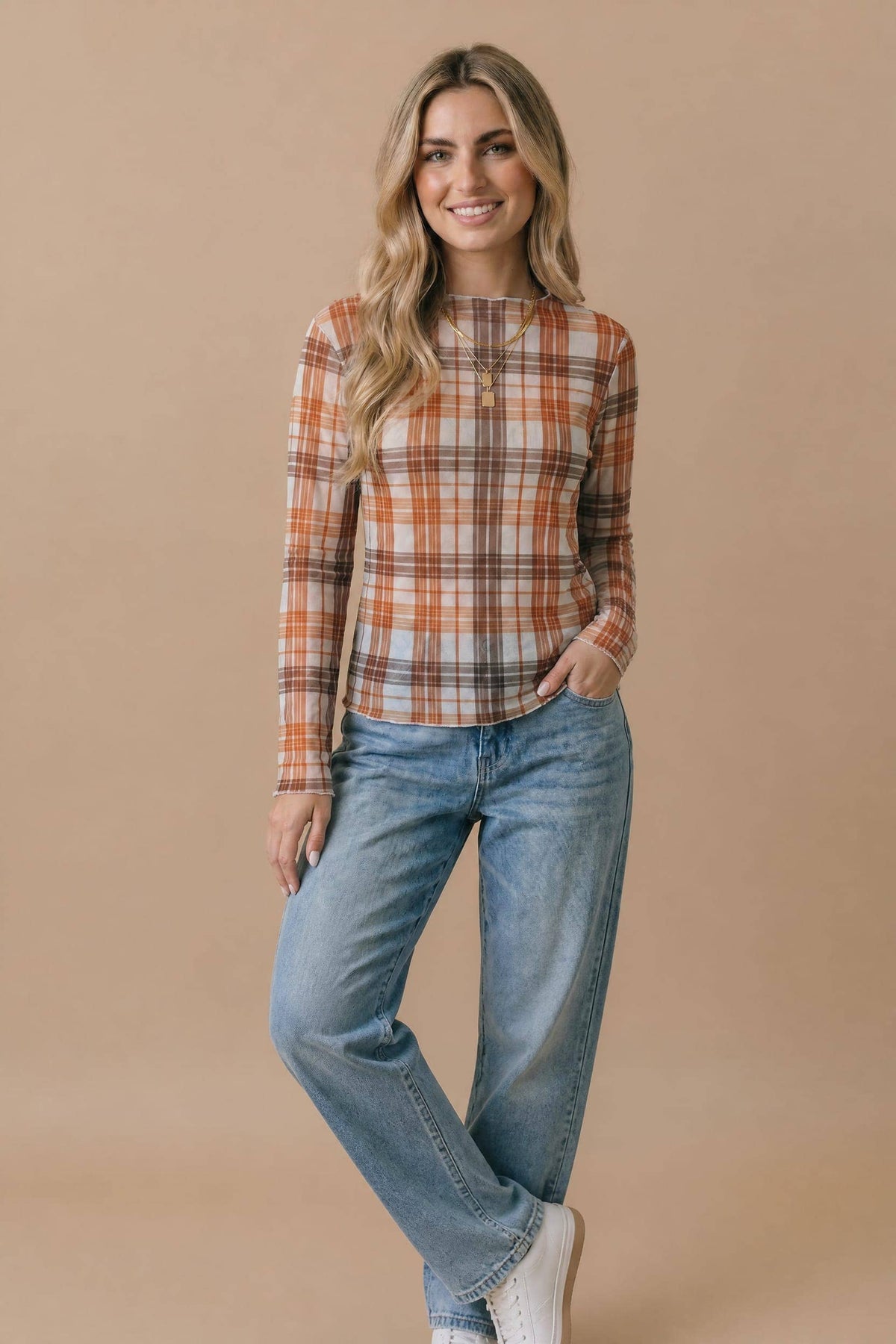 Plaid Mesh Semi-Sheer Top