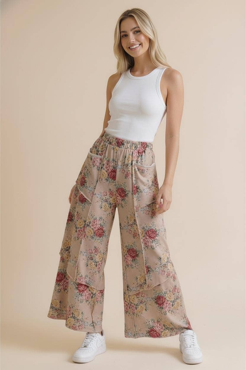 Elastic Waist Wide Leg Vintage Floral Pant: Oatmeal / S