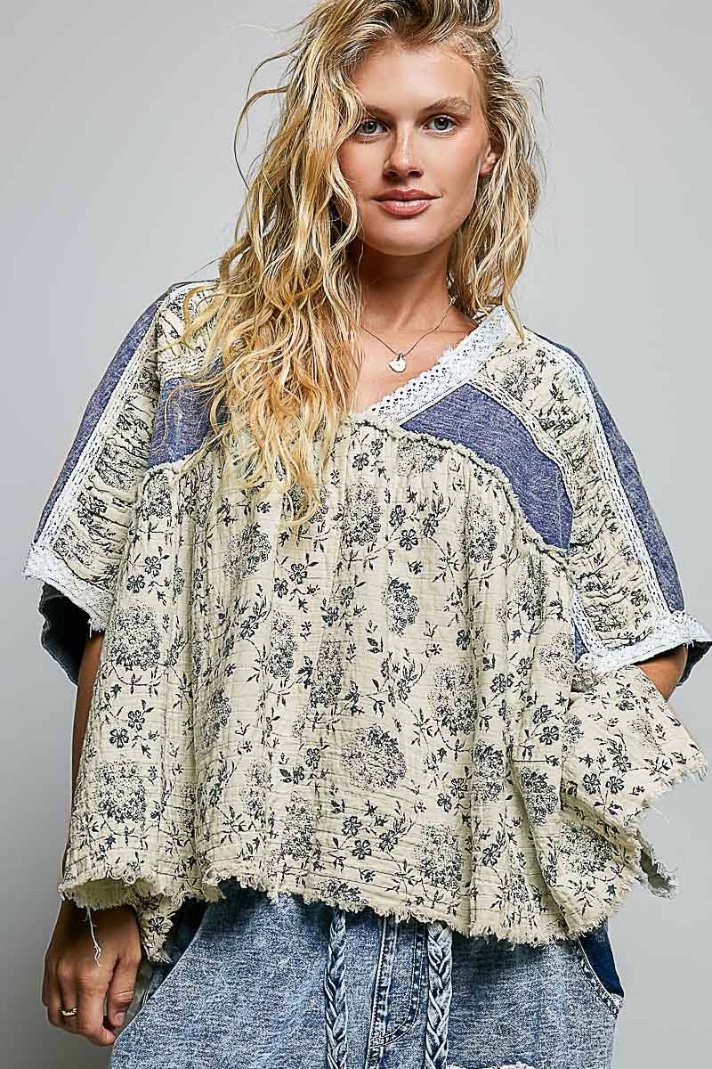 French Terry Floral Gauze Ruffle Detail Denim Short Top