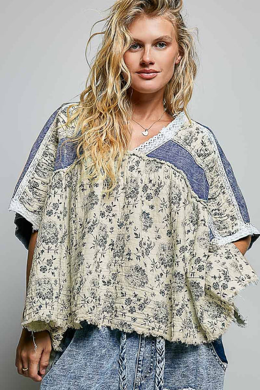 French Terry Floral Gauze Ruffle Detail Denim Short Top