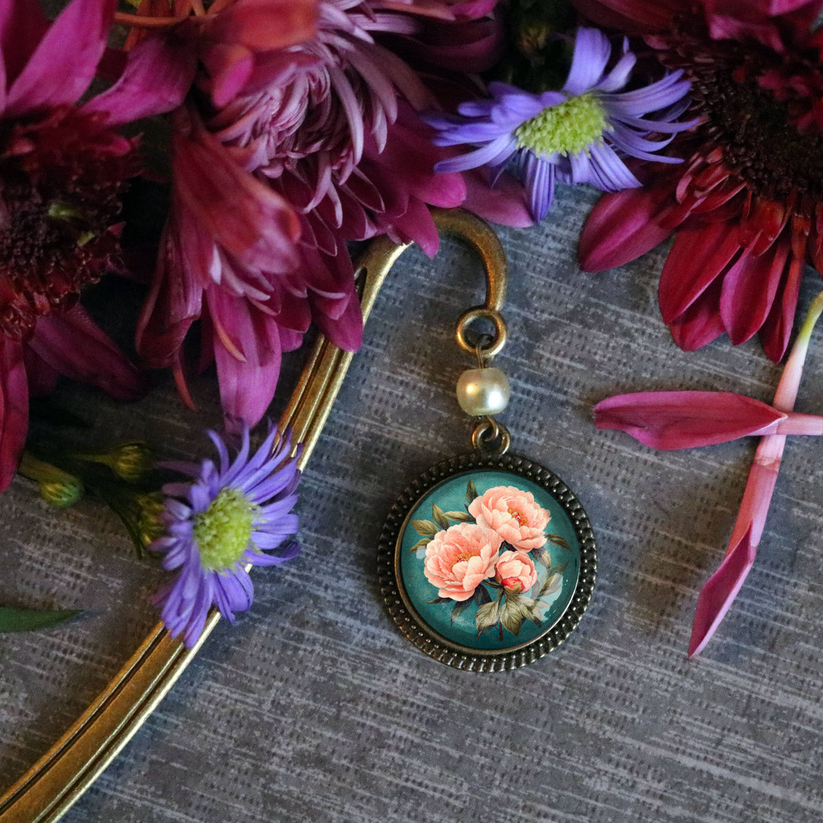 Pink Peony Bronze and Glass Cabochon Bookmark w/ Pearl Bead