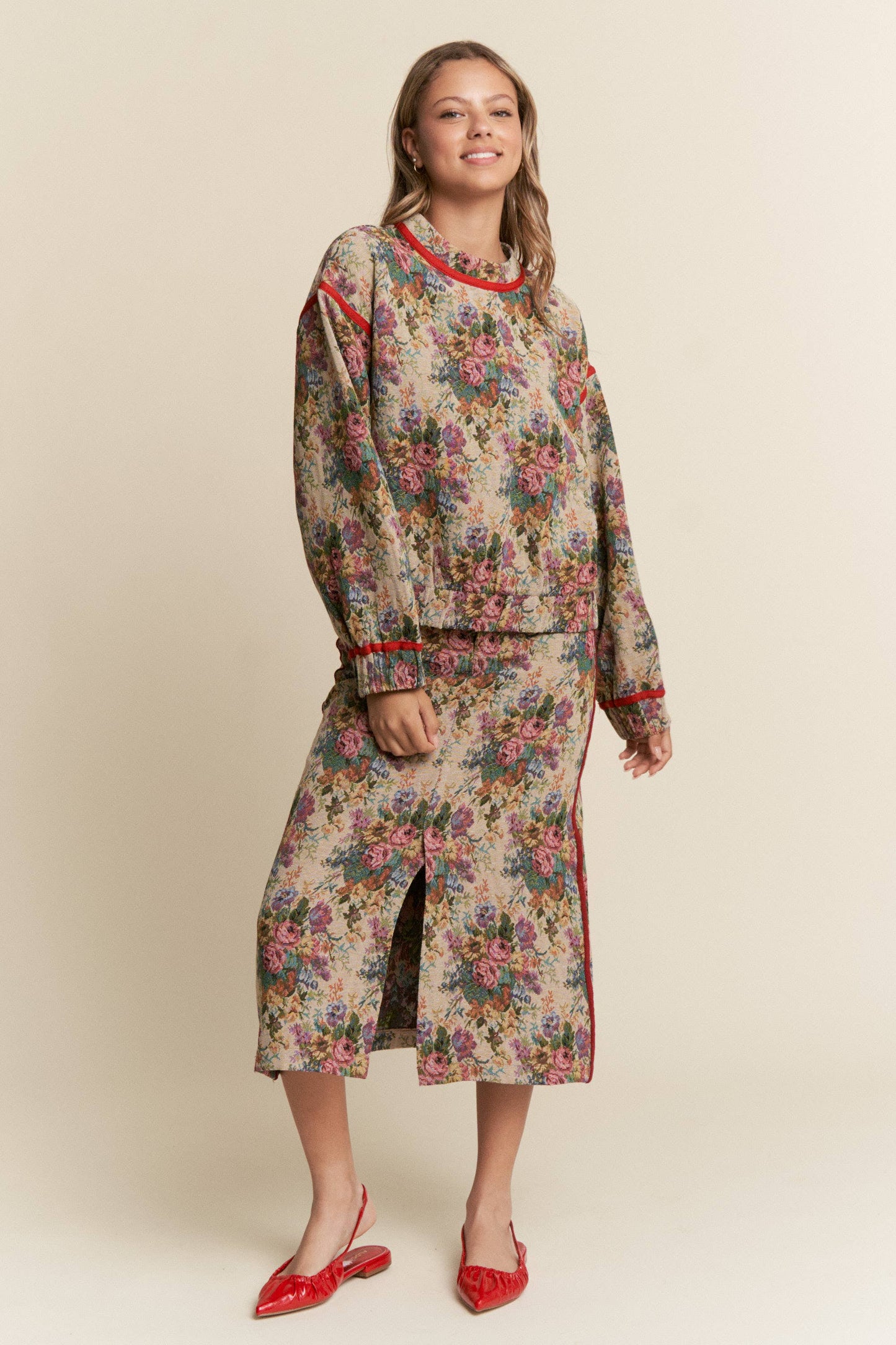 Vintage Floral Front Slit Midi Skirt